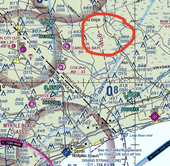 a sectional chart showing magnetic variation for grand strand airport