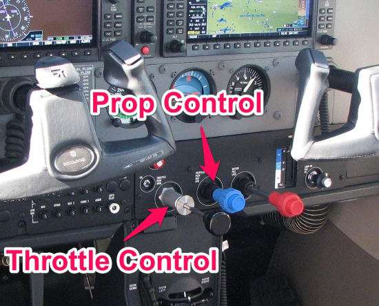 throttle and prop controls in a cessna 182